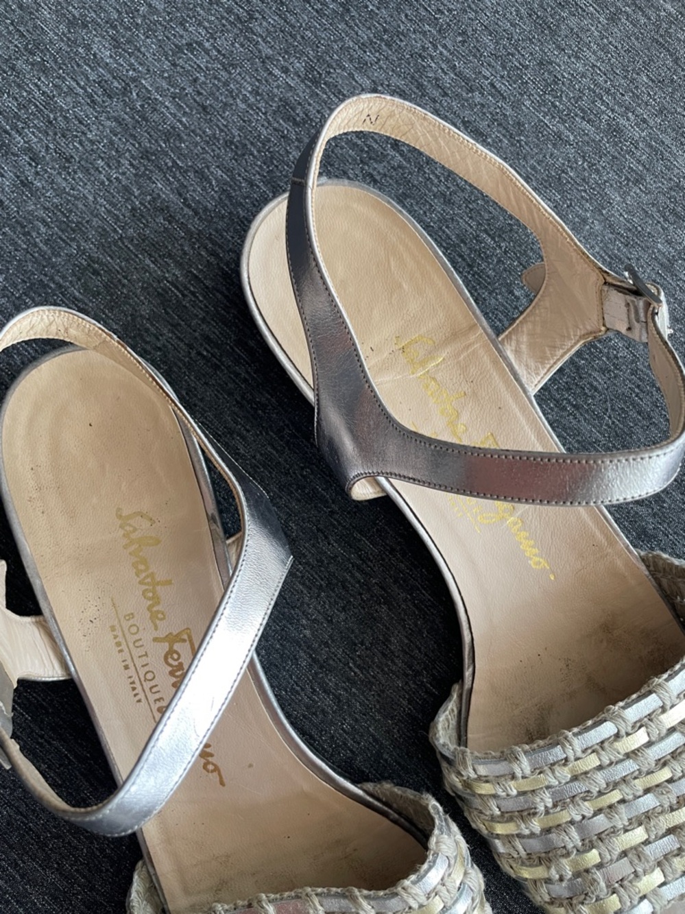 Salvatore Ferragamo sandals 8,5 narrow silver all leather with linen rope wave - Picture 5 of 7